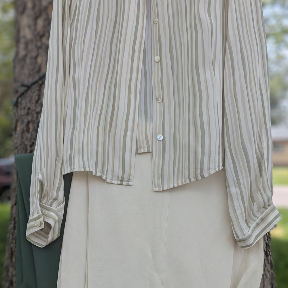 Striped Button-Up Blouse and Cream Skirt Set